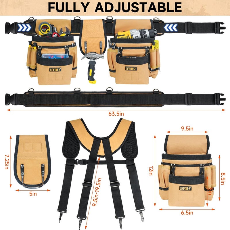 LEFORZ Tool Belt with Suspenders,27-Pockets Heavy Duty Tool Belts for Men with Magnetic Tool Pouch,Detachable & Adjustable Work Belt Bag for Electrician,Carpenter,Construction,Utility Toolbelt,Black,Brown - Image 2